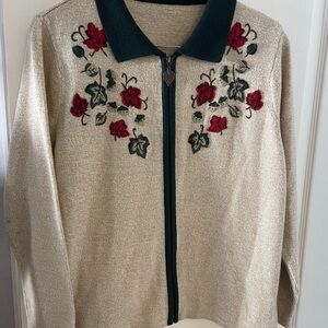 Vintage Embroidered Cream Cardigan with Red Floral Design